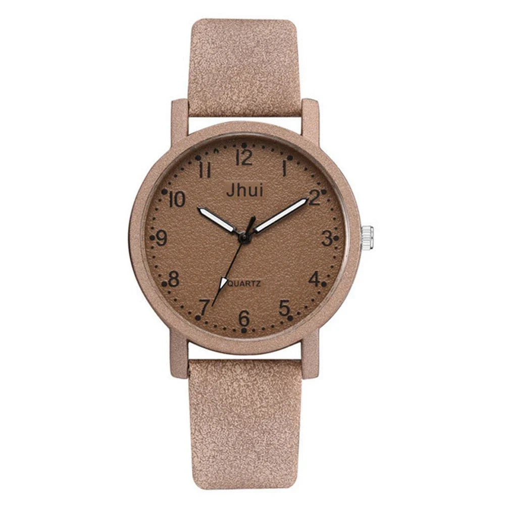 Stylish quartz watch with simple numeric dial, stainless steel clasp, and PU leather strap in various colors