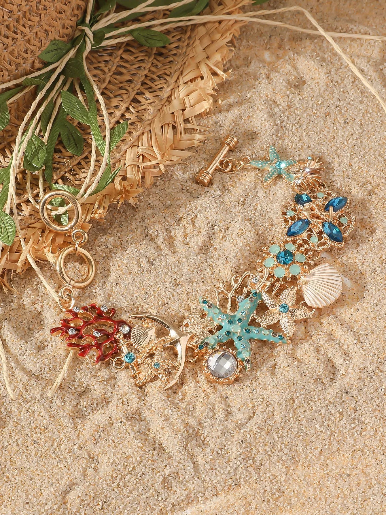 Alloy rhinestone marine bracelet with starfish design in turquoise, coral red, or coral blue for women's holiday wear