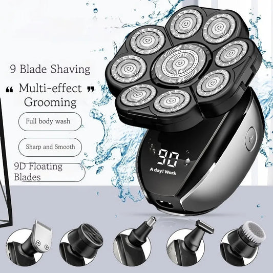 Black 6-in-1 multifunctional haircut suit with hair clipper, shaving head, nose trimmer, and attachments
