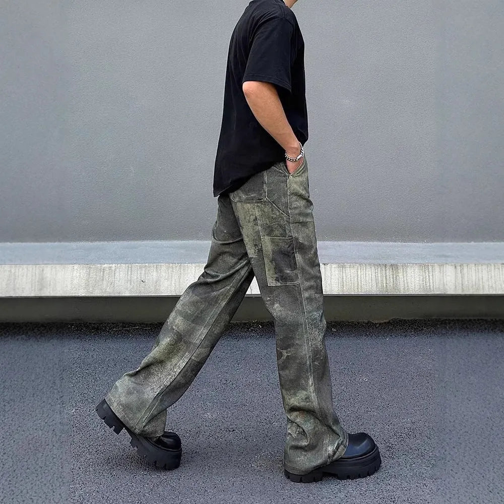 Men's retro camouflage jeans in straight-leg cut with digital direct injection pattern on cotton denim fabric