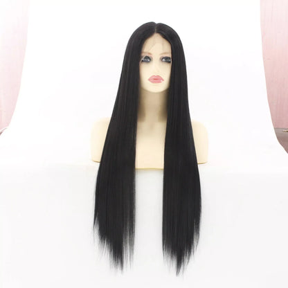 Front lace wig with hand-woven high temperature fiber, 26 inches long, black, for women