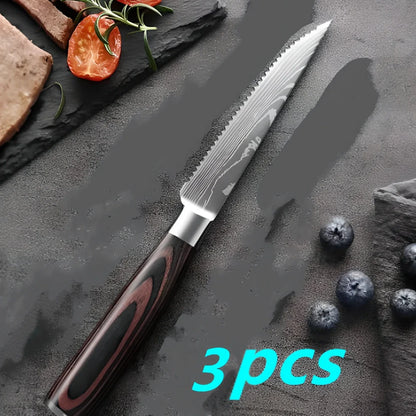 Coloured wooden handle steak knife with serrated stainless steel blade for cutting meats and fruits