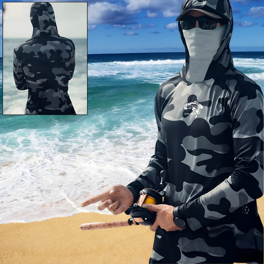 Huk Pursuit long sleeve fishing shirt with mesh side panels and crew neck, shown in an outdoor setting