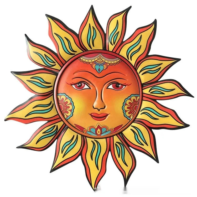Iron sun face decorative wall hanging with circular design and raised pattern, approximately 30cm diameter