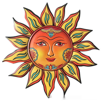 Iron sun face decorative wall hanging with circular design and raised pattern, approximately 30cm diameter