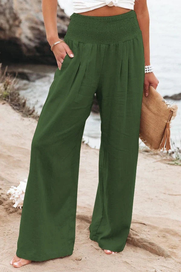 Women's wide leg casual pants in cotton linen blend, available in multiple colors