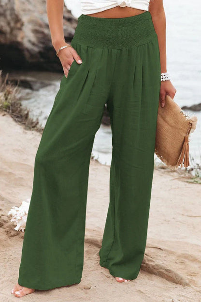 Women's wide leg casual pants in cotton linen blend, available in multiple colors