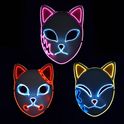 Pink LED cat face mask with transparent blue accents and lighting effects