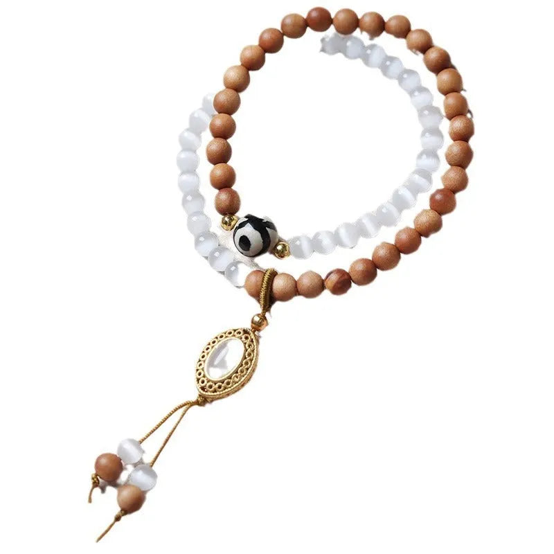 Sandalwood and opal Tibetan beads bracelet with double ring design in retro style