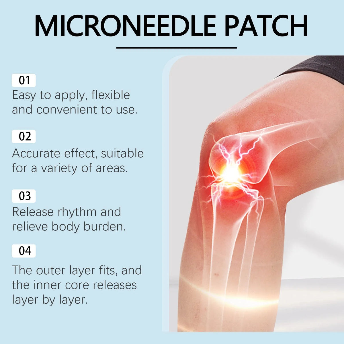 Four hyaluronic acid joint relief microneedle patches with botanical ingredients on PE backing