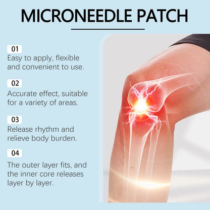 Four hyaluronic acid joint relief microneedle patches with botanical ingredients on PE backing