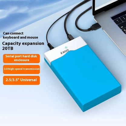 Black and silver 3.5-inch SATA hard disk enclosure with slide-open cover, USB 3.0 cable, and power adapter.