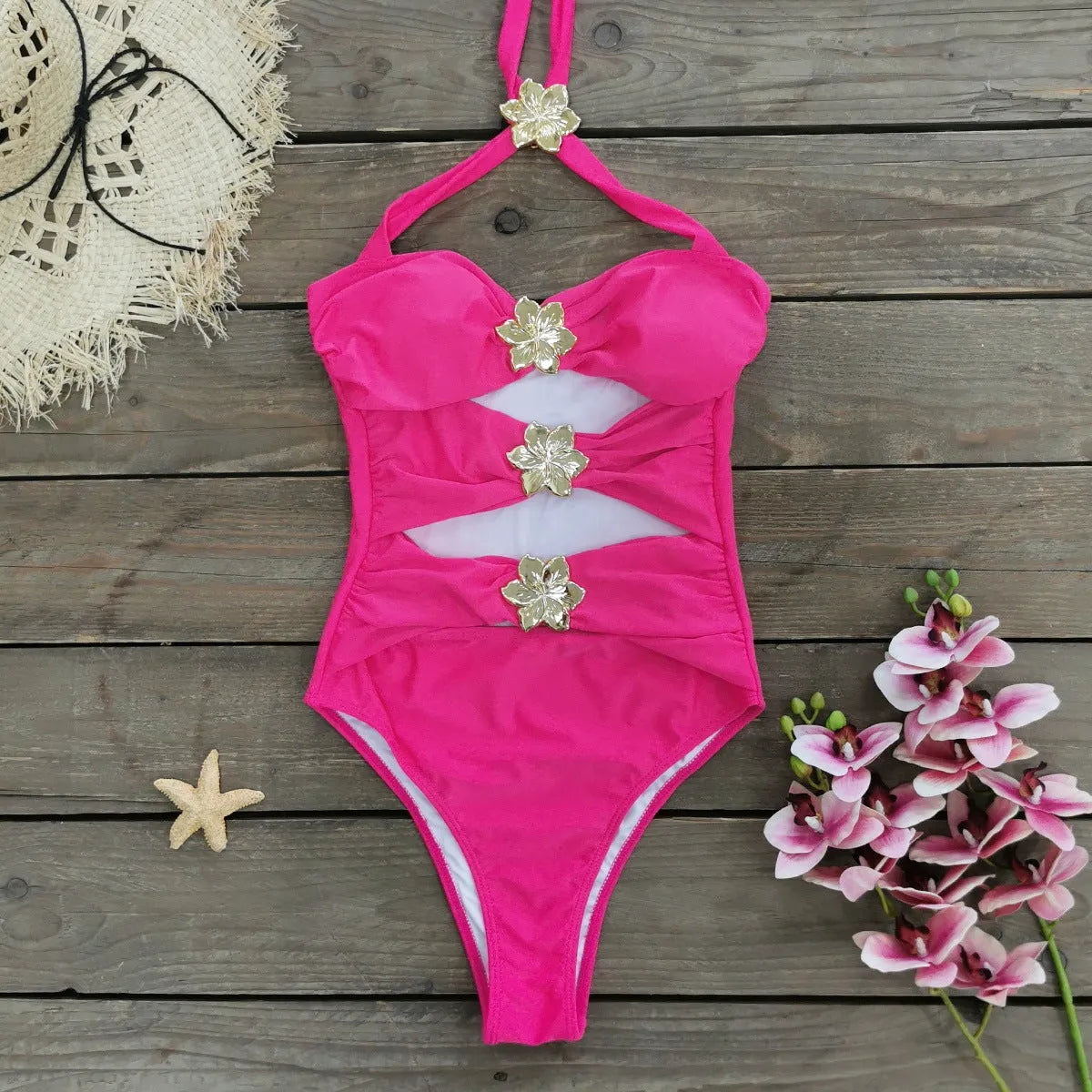 Solid colour women's one-piece swimsuit with hollow-out tube top and detachable short skirt on a mannequin.