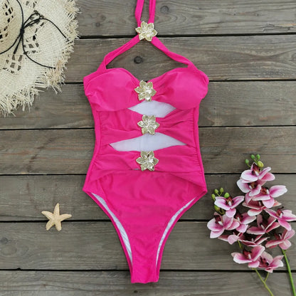 Solid colour women's one-piece swimsuit with hollow-out tube top and detachable short skirt on a mannequin.