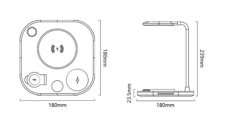 Wireless charging dock featuring a three-in-one magnetic fast charger with 15W wireless charging, Type-C cable, and desk lamp functionality available in black, green or white colours for Apple and Android phone charging needs