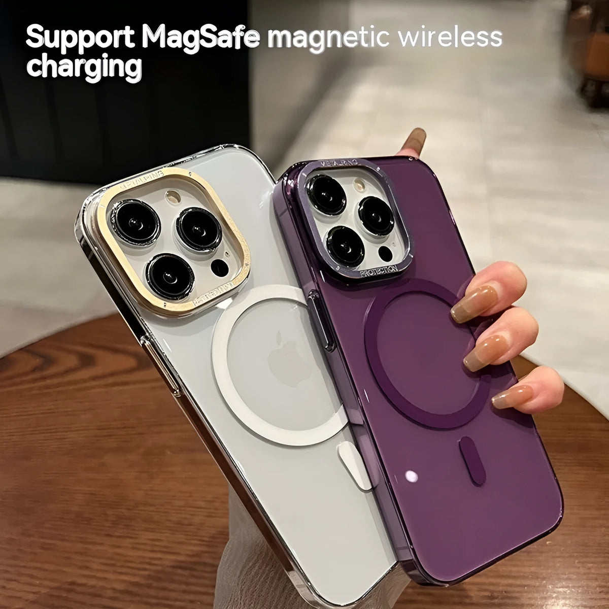 Transparent magnetic phone case with metal lens frame and independent metal buttons for iPhone 12 to 15 Pro Max