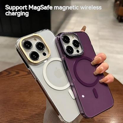 Transparent magnetic phone case with metal lens frame and independent metal buttons for iPhone 12 to 15 Pro Max