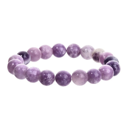 Purple geometric stone bead bracelet on an elastic band, showing manual craftsmanship.
