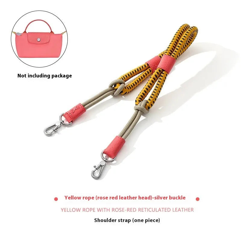 Braided rope shoulder strap with alloy hardware in silver or gold finish options