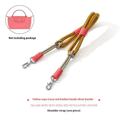 Braided rope shoulder strap with alloy hardware in silver or gold finish options