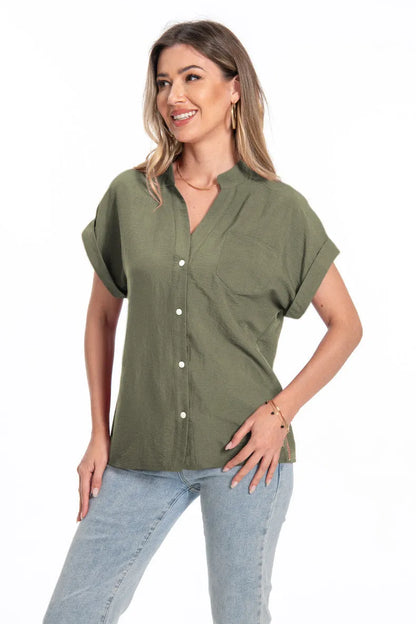 Women's loose-fit short sleeve top with stand collar and button front in army green