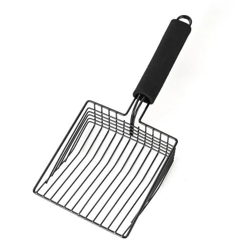Black metal cat litter scoop with long handle and fine sifting mesh.