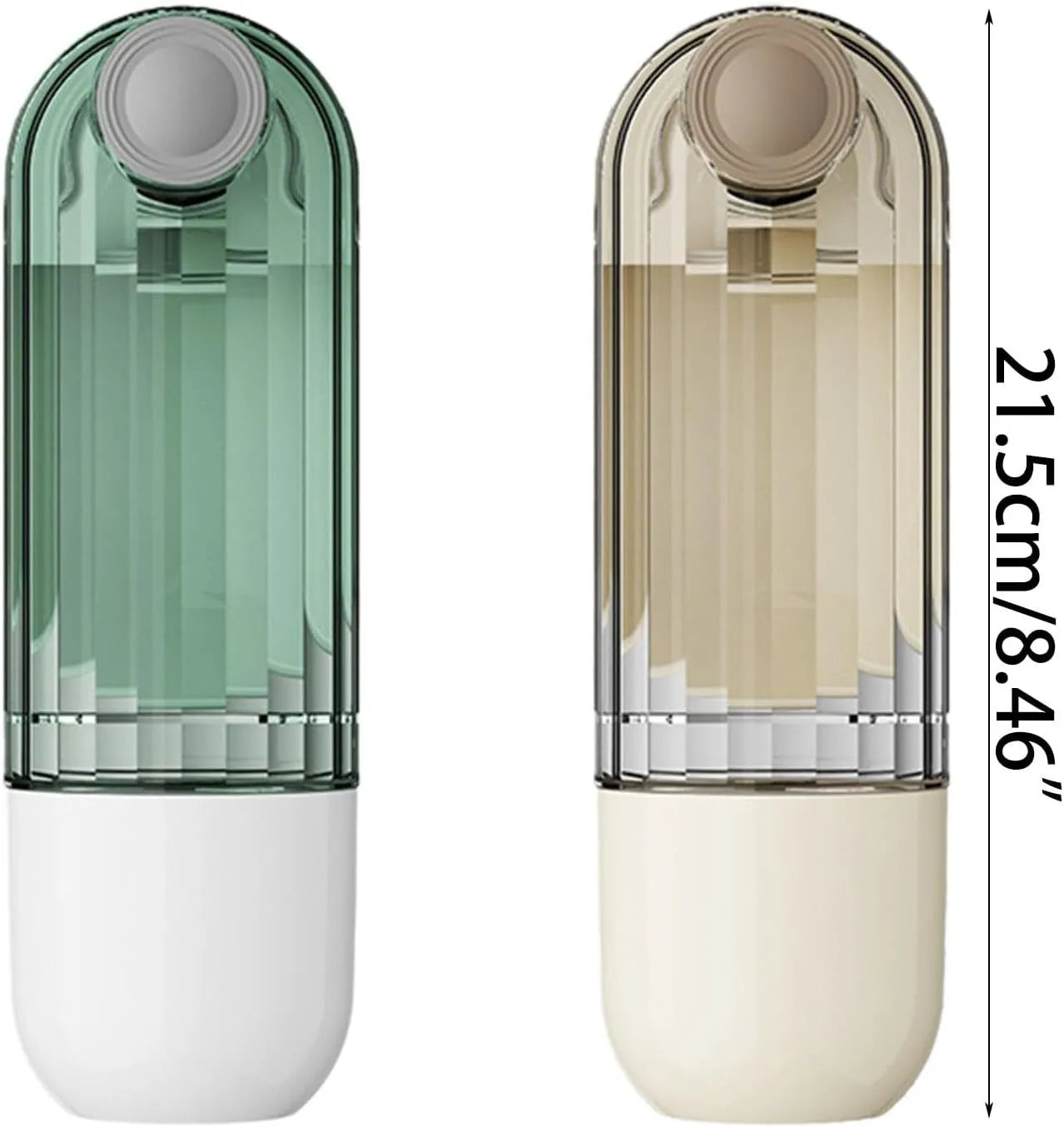 Beige or green foldable dog water bottle with food container, measuring 21.5cm height