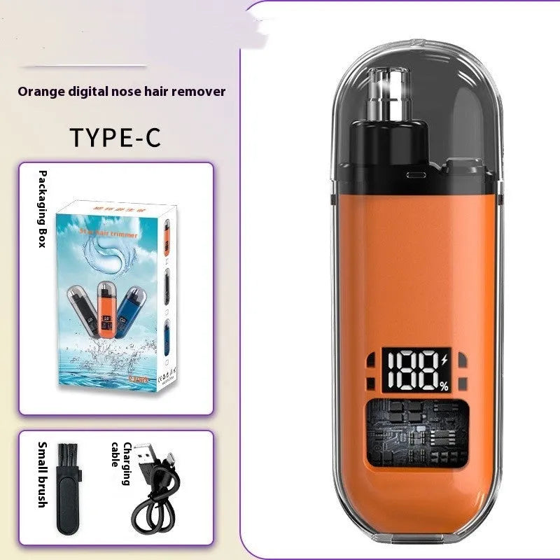 Rechargeable nose hair trimmer with digital display, removable cutter head, and cleaning brush.