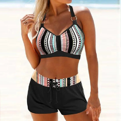 Women's two-piece swimsuit in polyester with bikini design in navy blue or print colours