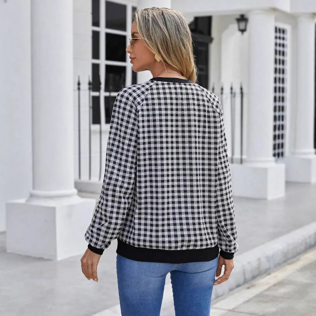 Black plaid long sleeve pullover sweater with printing, sizes S to XXL