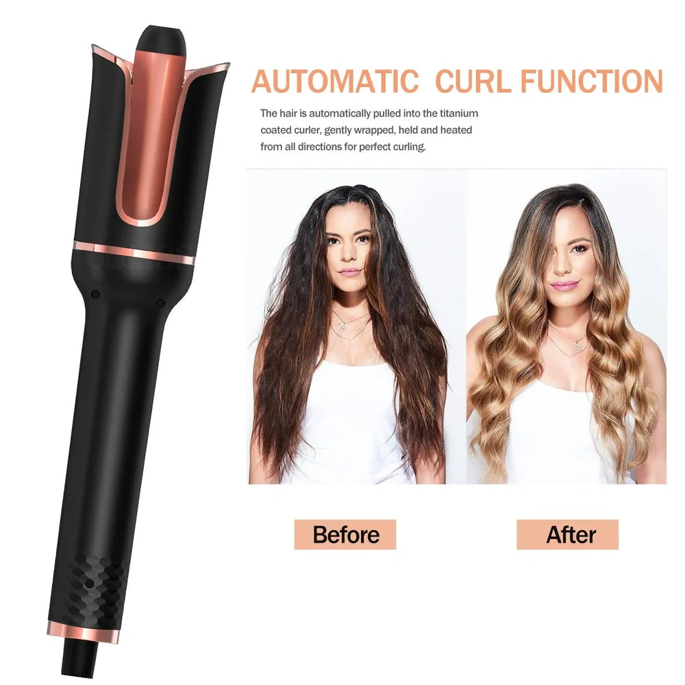 Black automatic hair curler with rotating 16-20mm barrel and digital temperature display showing 10 heat settings