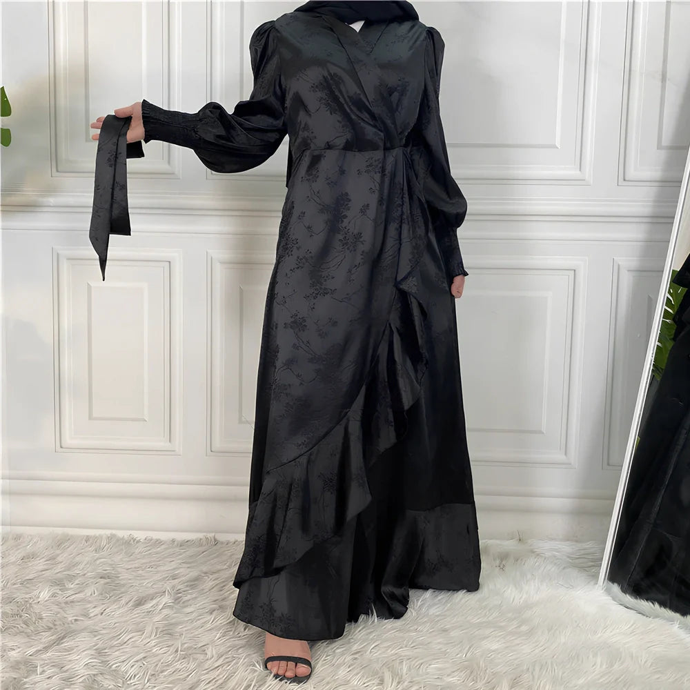 Women's patchwork Muslim dress with satin printing in green, black, pink, gold, or apricot colours