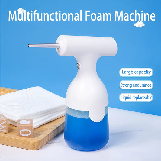 White electric automatic foam dispenser gun on a bathroom counter next to a sink