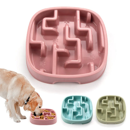Macaron-coloured slow feed pet bowl with maze pattern and non-slip base for dogs and cats.