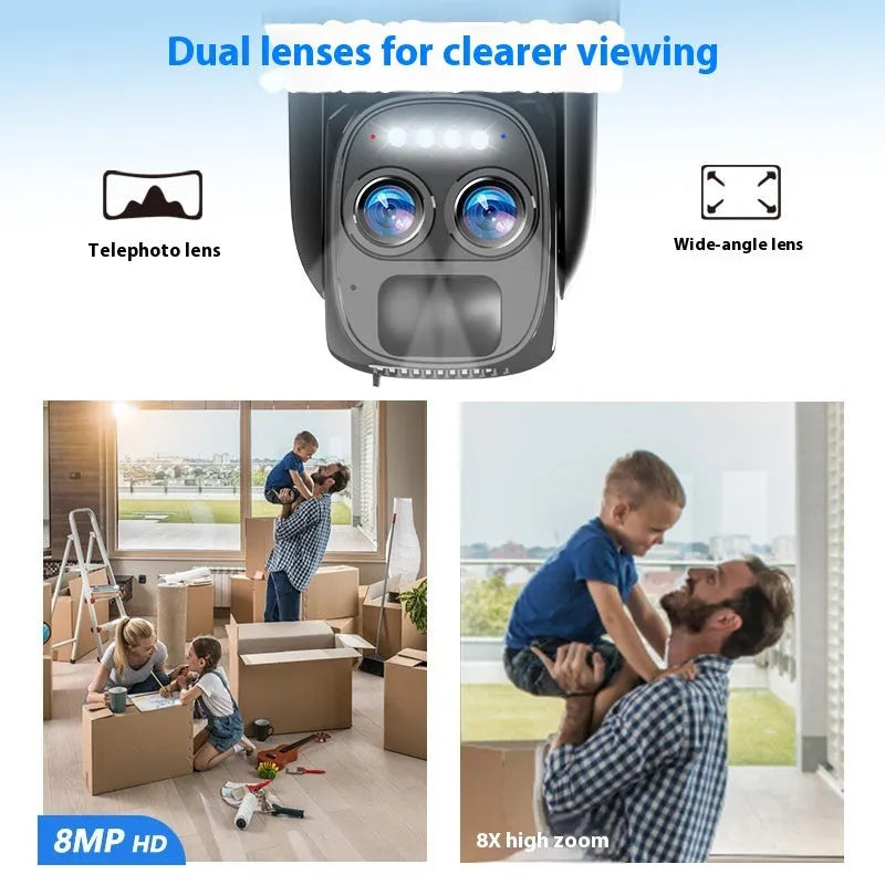 Solar-powered security camera with 8x optical zoom lens offering full colour night vision monitoring, available in 4G single-lens or Wi-Fi dual-lens configurations for household security surveillance with alarm detection and notification