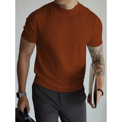 Men's slim-fit solid colour t-shirt in breathable polyester knitwear, shown in multiple colour options.