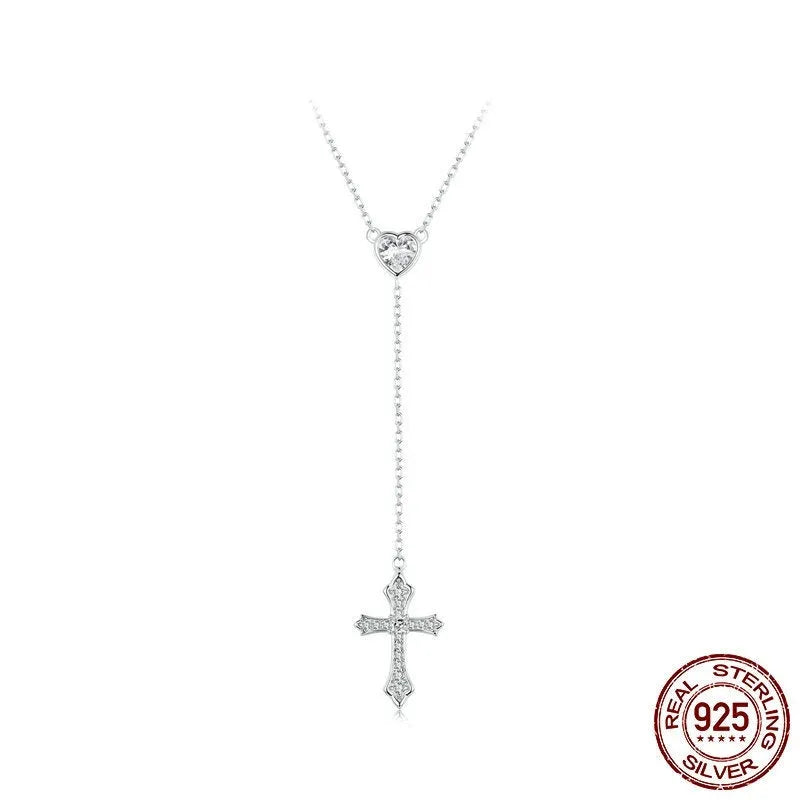 Silver cross pendant necklace with V-neck design on O-ring chain