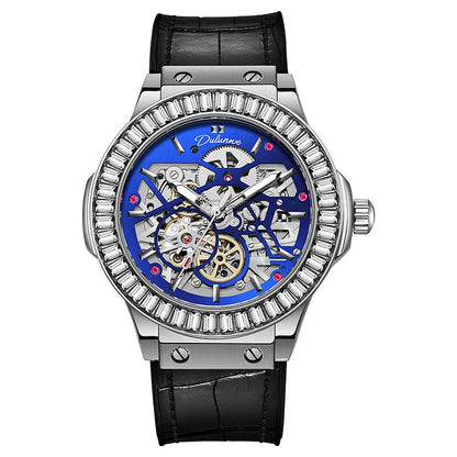 Automatic mechanical men's watch with white shell casing, 16mm thickness, hollow movement visible through dial, diamond studs, business style design