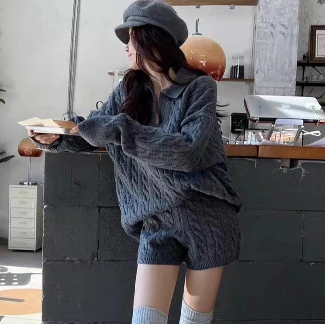 Women's knitted suit set with geometric pattern, elastic waist shorts, and sweater in black, gray, or creamy-white
