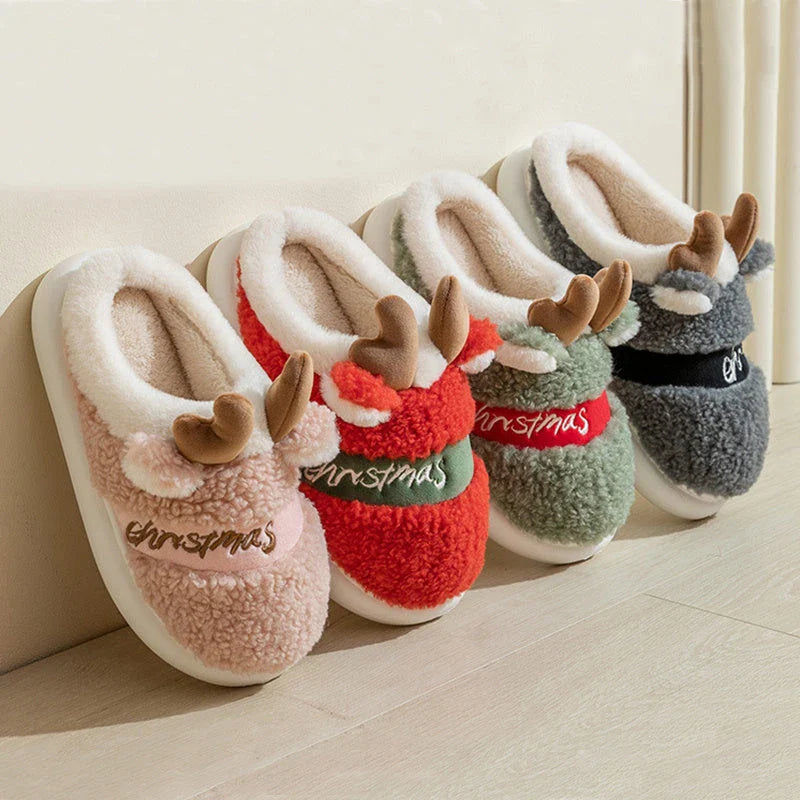 Cozy elk-themed slippers with plush suede uppers and supportive EVA soles in a variety of dreamy colors