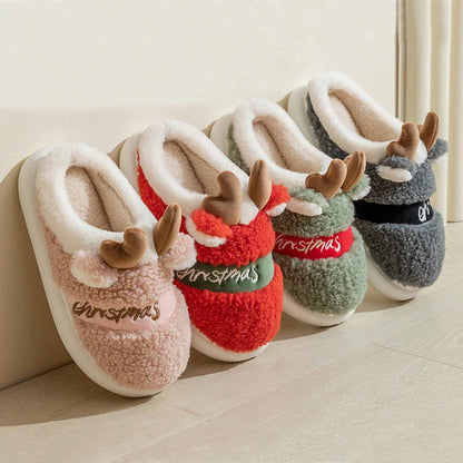 Cozy elk-themed slippers with plush suede uppers and supportive EVA soles in a variety of dreamy colors