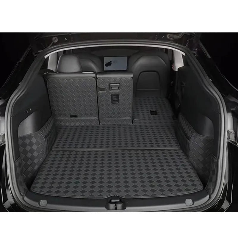 Tesla Model 3 and Model Y leather trunk mat in black PU leather with buckle fitting