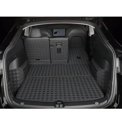 Tesla Model 3 and Model Y leather trunk mat in black PU leather with buckle fitting
