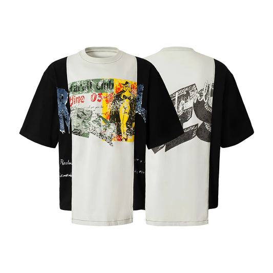 Black and white broken collage print on a loose short sleeve cotton blend T-shirt.