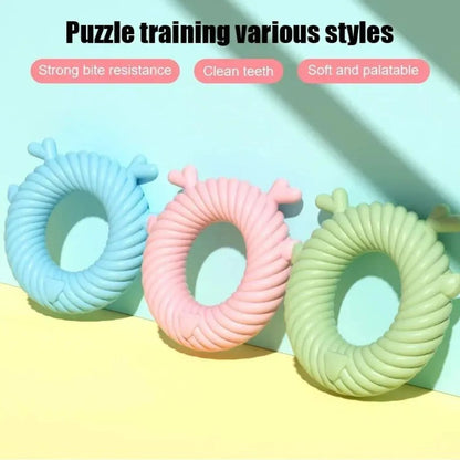 Deer-shaped dog chew toy in blue with spiral groove teeth-cleaning design