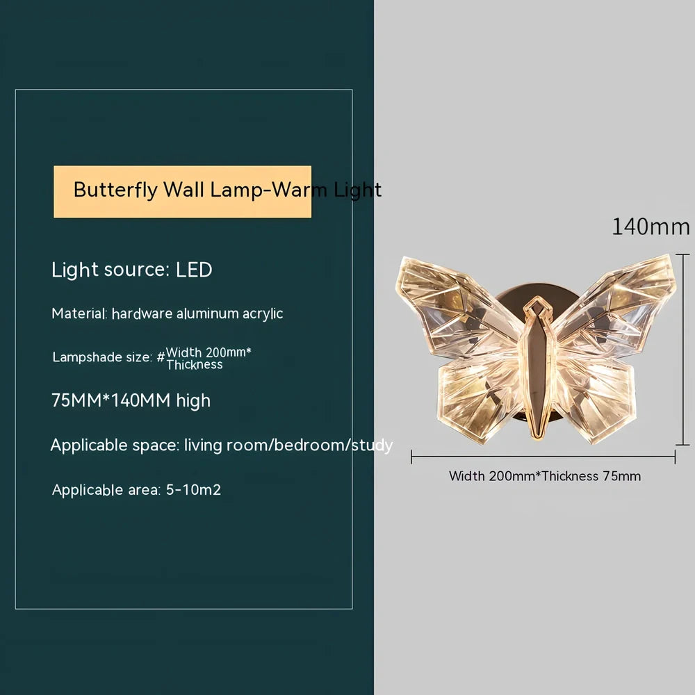 Butterfly-shaped crystal wall lamp with aluminium frame and multi-colour LED lighting for bedroom decoration