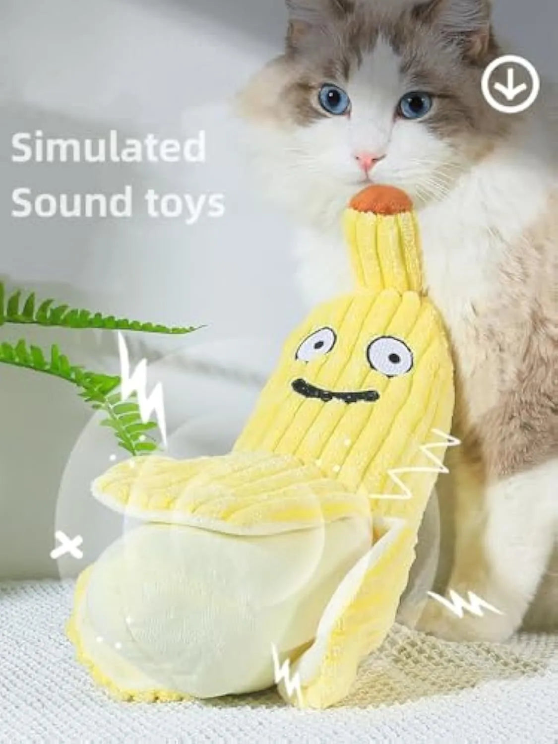 Yellow banana-shaped plush cat toy with a green leaf and crinkle paper inside for sound.