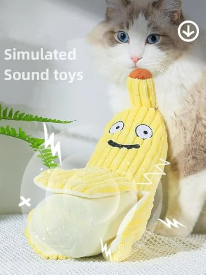 Banana cat crinkle toy for indoor kittens, made from soft plush and baby-grade polyester fabric with internal crinkle paper and a length of 13 inches, chew-friendly kicker toy filled with fibre cotton for exercise and play.