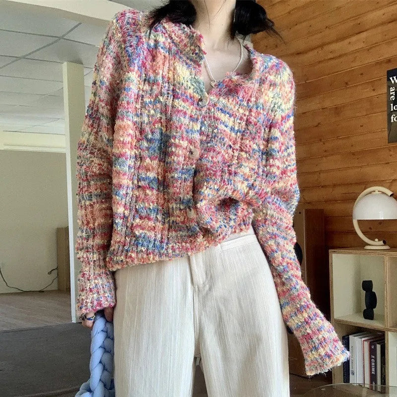 Pink and green retro style knitted cardigan with slim fit and toothbrush hair fabric