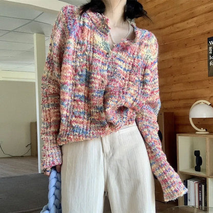 Pink and green retro style knitted cardigan with slim fit and toothbrush hair fabric